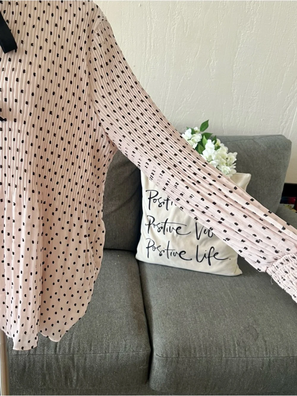 Max Studio Beige Swiss Dot Tie-Neck Blouse - Picture 3 of 13